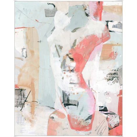 The STATEMENT VENUS 2 ARTWORK by WENDOVER is an abstract painting on canvas that showcases a blend of pastel and vibrant colors, predominantly pink, light blue, and beige. The piece features blurred brushstrokes and overlapping shapes that form an impressionistic figure at the center, encircled by fragmented geometric forms. It comes gallery wrapped for a polished finish.