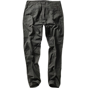 The RELWEN Flyweight Flex Chino in Charcoal, shown from the back with two buttoned pockets and subtle wrinkling, features a slim, straight-leg fit and lightweight stretch fabric for comfort. Pants are displayed flat on a white background.