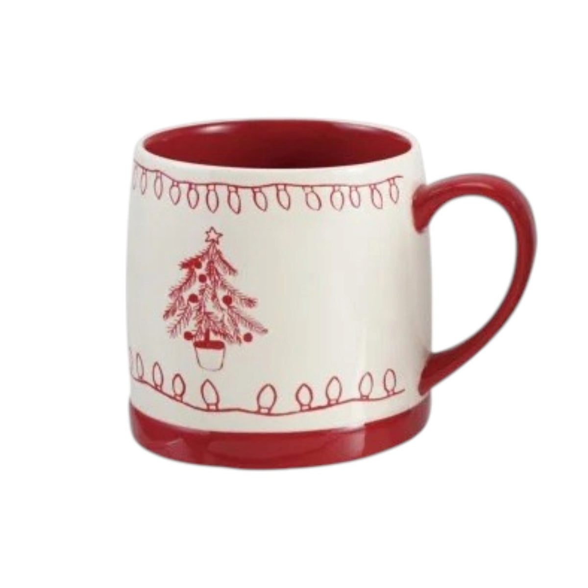 Four CREATIVE COOP STONEWARE MUG WITH HOLIDAY DESIGN, RED AND WHITE mugs with red rims and bases, each featuring a different red illustration of a Christmas tree, snowman, stocking, or reindeer.