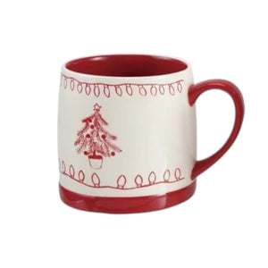 Four CREATIVE COOP STONEWARE MUG WITH HOLIDAY DESIGN, RED AND WHITE mugs with red rims and bases, each featuring a different red illustration of a Christmas tree, snowman, stocking, or reindeer.
