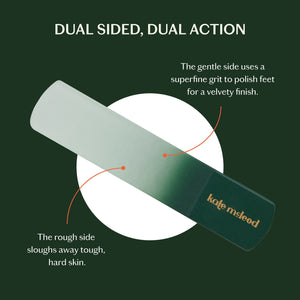 A hand with pale pink nails holds a cylindrical, green-gradient object labeled "KATE MCLEOD," designed for callus care—the light blue-green background enhances its minimalist aesthetic.