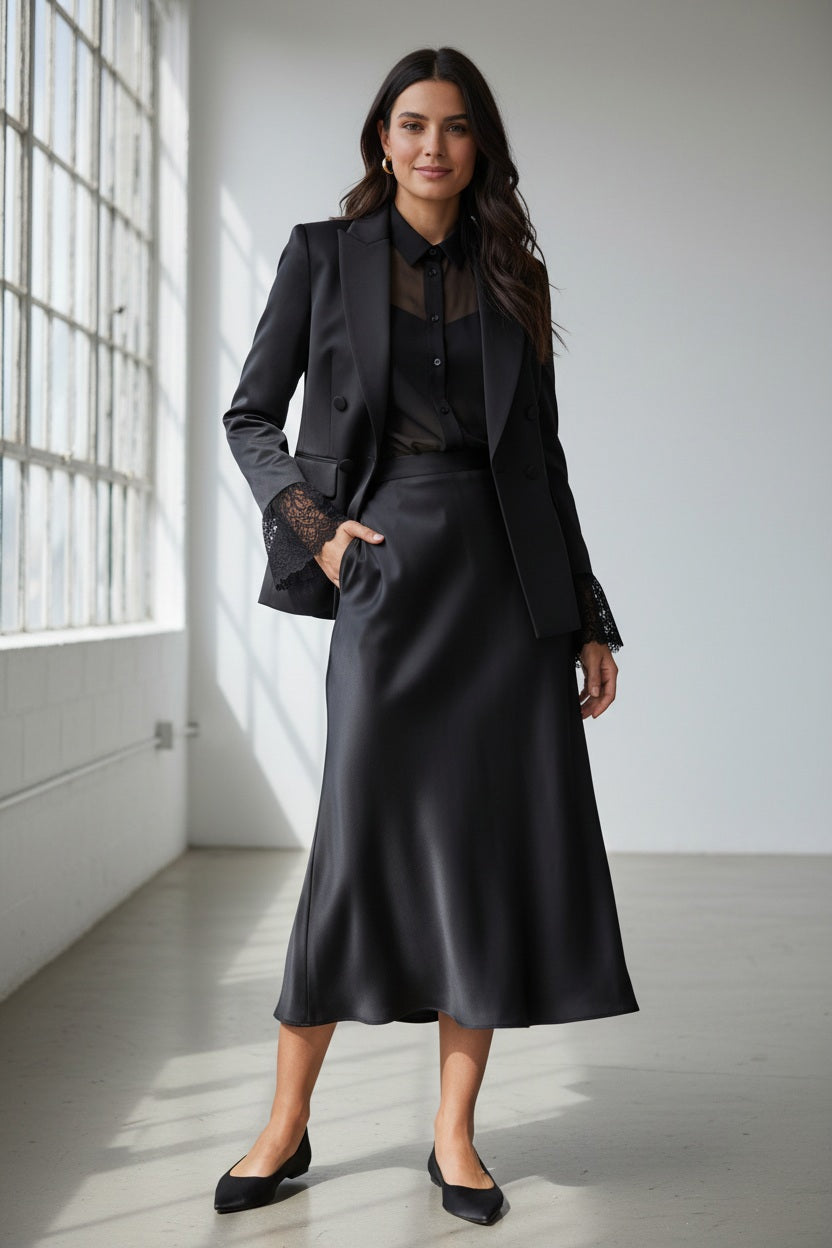A woman stands against a plain light background wearing the MILVA MI - BLACK SATIN BLAZER by MILVA, paired with a matching long skirt, black blouse, black heels, and gold hoop earrings.