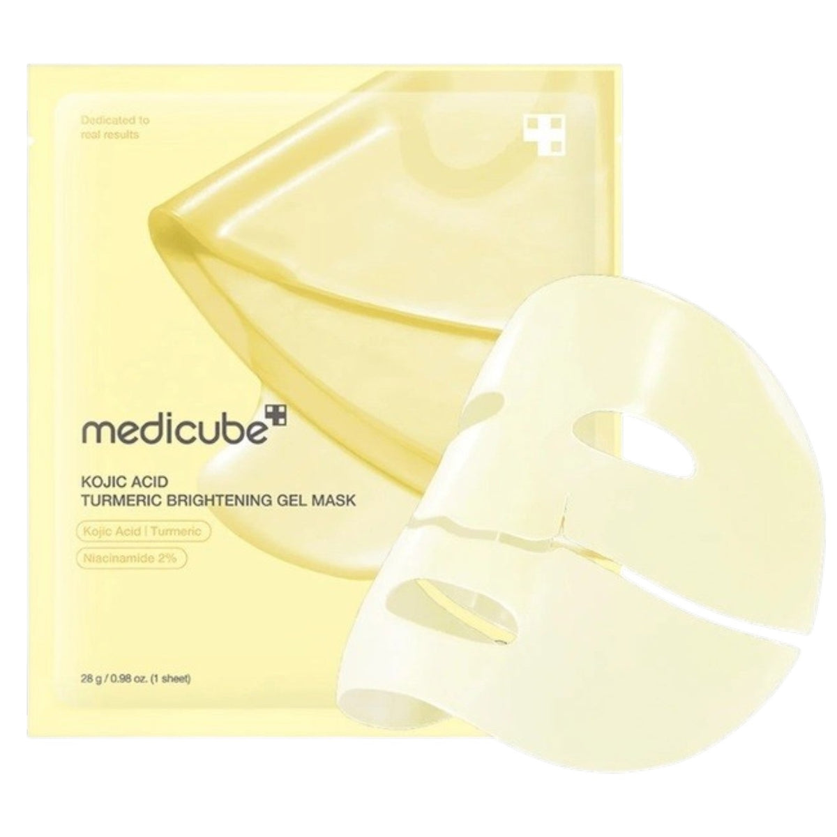 A woman wears the MEDICUBE - KOJIC ACID TURMERIC BRIGHTENING GEL MASK by KOSMIC KBEAUTY SKINCARE on one half of her face in its original gold jelly form, while the other half reveals the mask after it has turned transparent. Text highlights this Korean skincare treatment, infused with kojic acid and turmeric, which absorbs over 3-4 hours and transforms from gold to clear for a radiant, brightening effect.