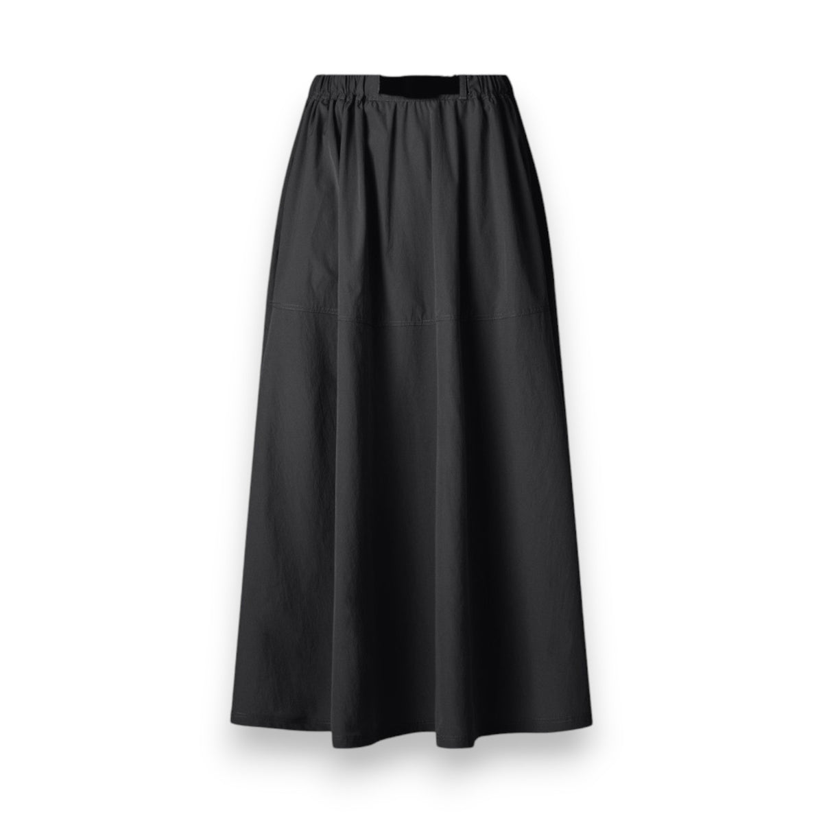 The SAVE THE DUCK - THE JARA SKIRT by SAVE THE DUCK is a long black skirt featuring an elastic waistband and subtle seam detail. Made from ultrathin fabric, it offers a smooth appearance with soft, straight lines for a chic and comfortable look.