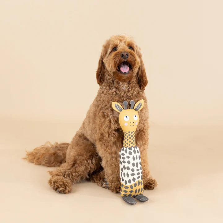 Introducing the &quot;FRINGE STUDIO - HIGH THERE GIRAFFE SQUEAKER DOG TOY&quot; from PET SHOP BY FRINGE STUDIO: a plush toy giraffe with a friendly, smiling face. This charming giraffe features a yellow head with gray ossicones, a long neck adorned with a spotted pattern, and is covered in durable cotton canvas fabric. It also boasts gray legs and particularly large eyes, making it perfect for interactive playtime.