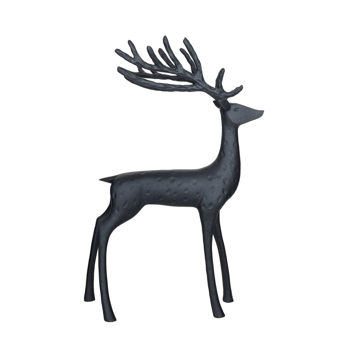 The CREATIVE COOP BLACK RESIN STANDING DEER features a minimalist large sculpture with long, stylized antlers and a textured surface, displayed against a plain white background.