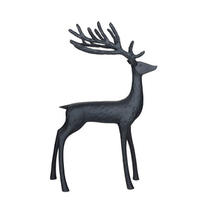 The CREATIVE COOP BLACK RESIN STANDING DEER features a minimalist large sculpture with long, stylized antlers and a textured surface, displayed against a plain white background.