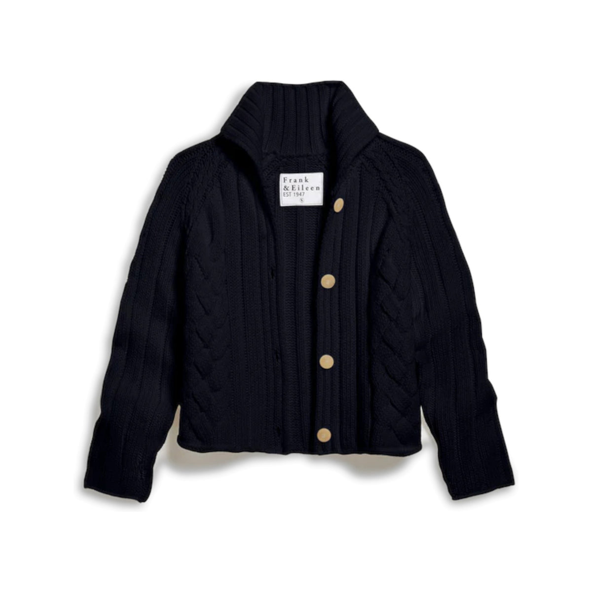 A FRANK &amp; EILEEN Mini Cotswolds Cropped Cable Knit Cardigan in Marine is laid flat on a white background, featuring long sleeves, a high collar, and four large tan buttons. The inner label reads &quot;Frank &amp; Eileen.