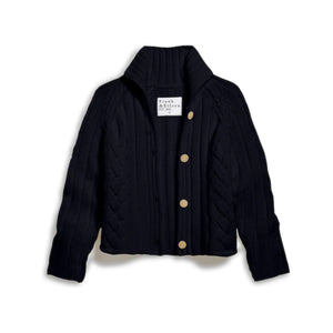 A FRANK & EILEEN Mini Cotswolds Cropped Cable Knit Cardigan in Marine is laid flat on a white background, featuring long sleeves, a high collar, and four large tan buttons. The inner label reads "Frank & Eileen.