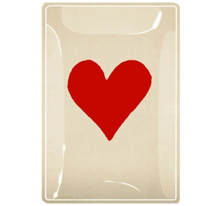 A playing card featuring a bold red heart in the center, inspired by the BEN’S GARDEN - RED LONG HEART DECOUPAGE GLASS TRAY, set against a beige background with a glossy finish that echoes the brand’s signature handcrafted decoupage style from BENS GARDEN. This design perfectly reflects the distinctive charm of the Red Long Heart motif.
