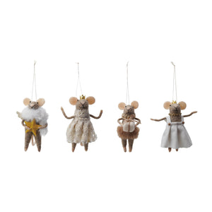 Four handmade CREATIVE COOP FELT PARTY MOUSE ORNAMENTS, each wearing a crown and festive outfit; one holds a gold star, while others sport textured dresses and party-inspired looks, all hanging by a string.