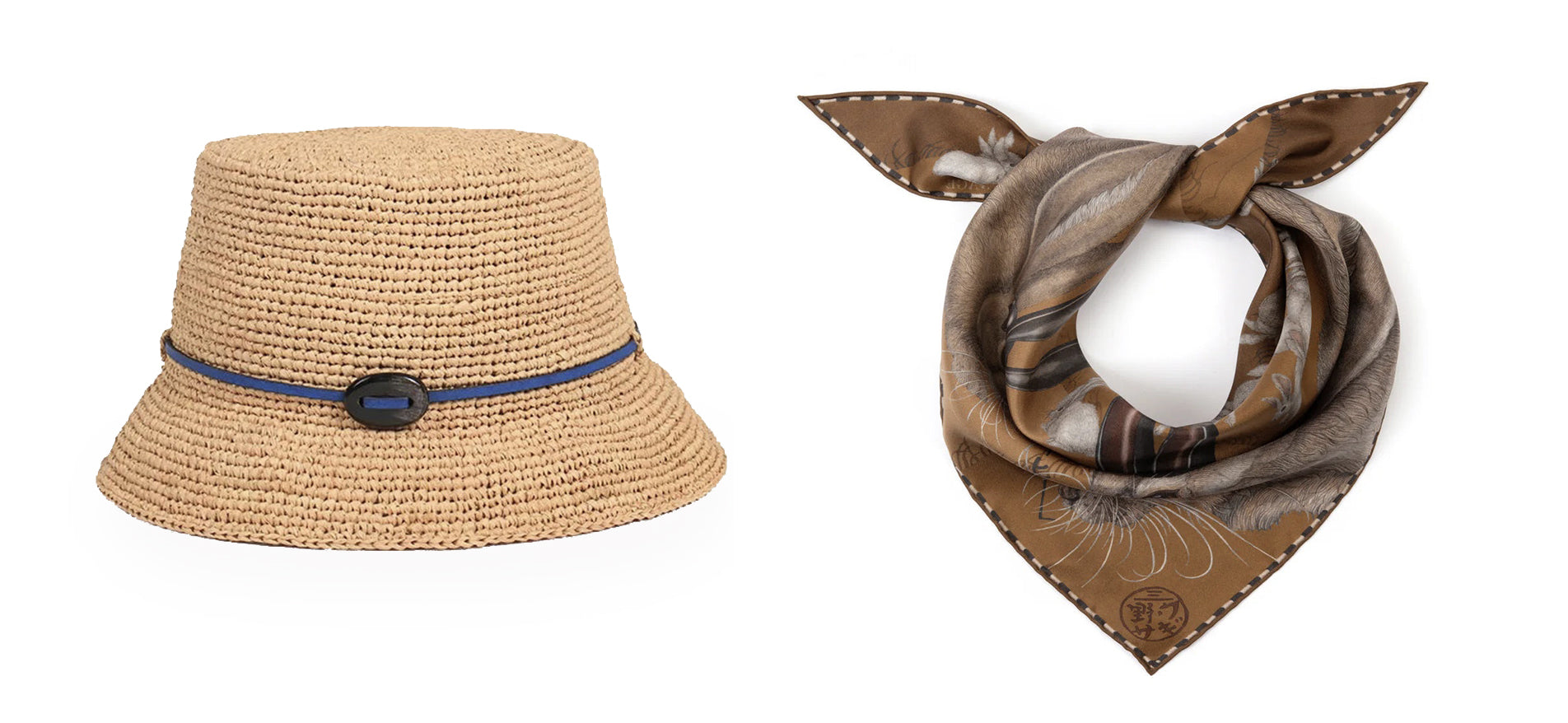A tan woven bucket hat with a blue band and black button, next to a brown patterned silk scarf tied in a knot.