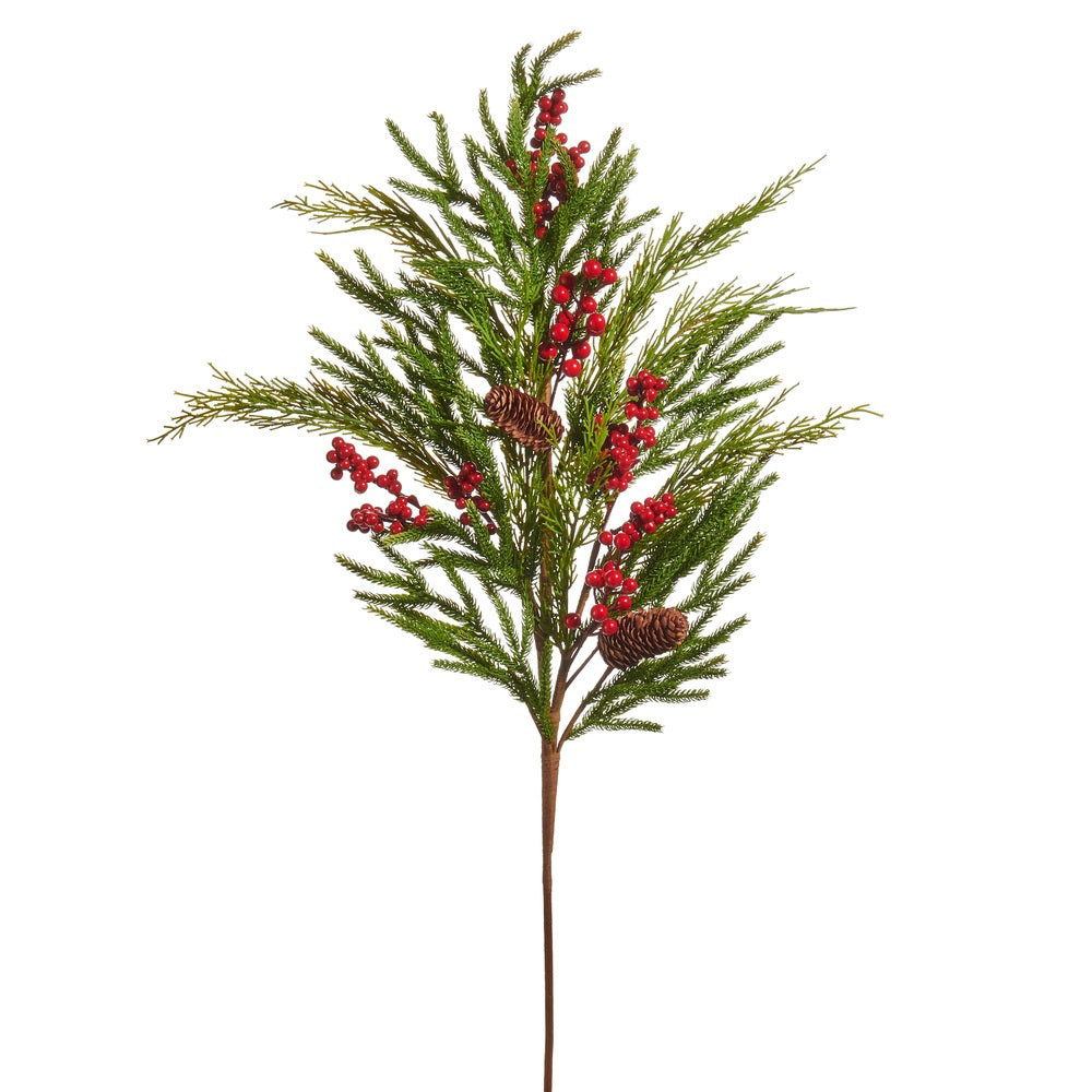 The PINE AND BERRY SPRAY STEM by RAZ IMPORTS features green pine needles, red berries, and brown pine cones on a single 37-inch brown stem—perfect for a charming holiday decoration.