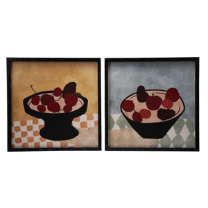 The WOOD-FRAMED ABSTRACT WALL ART WITH FRUIT by CREATIVE COOP features red grapes in a black bowl on a checkered cloth with a yellow background—an ideal modern accent for any home.