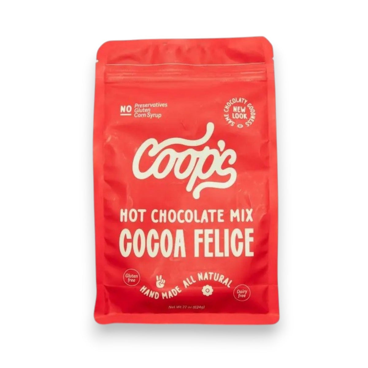 A red bag labeled “Coop’s Hot Chocolate Mix Cocoa Felice,” featuring icons for gluten free, all natural, and dairy free. The bag also states “No preservatives” and “No corn syrup.“ Experience a rich chocolaty drink made with the finest chocolate inspired by classic European chocolate traditions.