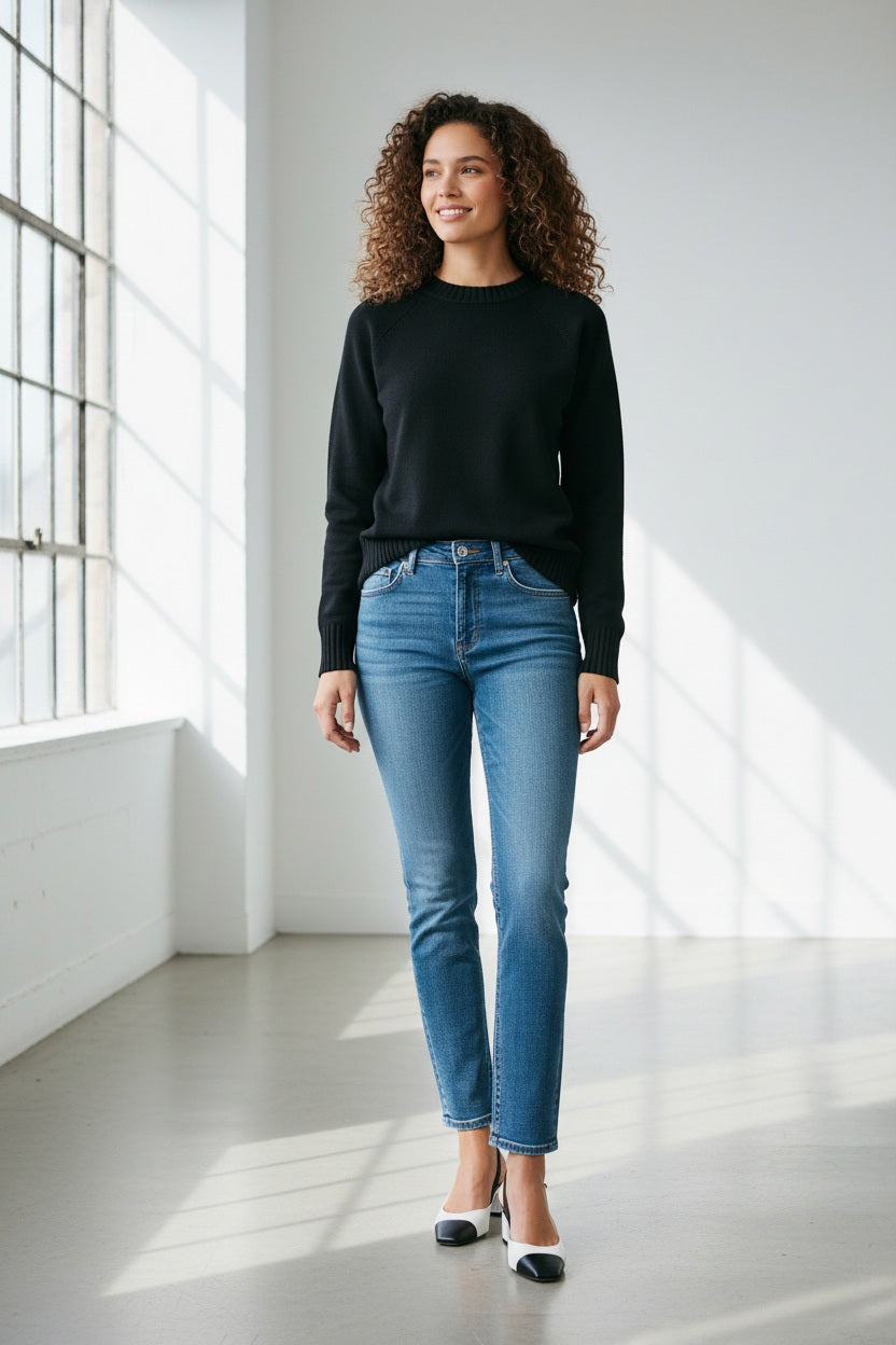 A person stands against a plain backdrop, confidently showcasing their style in SPANX's KICK FLARE JEAN, made with 4-way stretch denim. They pair it with a black sweater and black-and-white heels, their long dark hair cascading as they pose with one hand in their pocket.