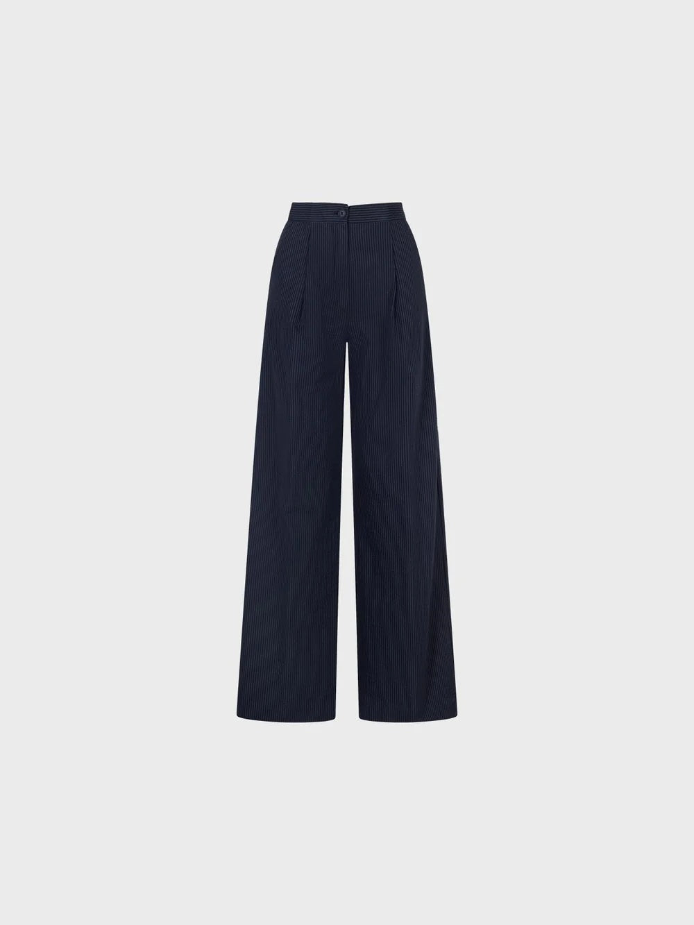 SANDRO FERRONE - PINSTRIPE TROUSER: High-waisted, wide-leg tailored pants with subtle vertical stripes, front pleats, side pockets, and a button closure by SANDRO FERRONE, shown on a plain light gray background.