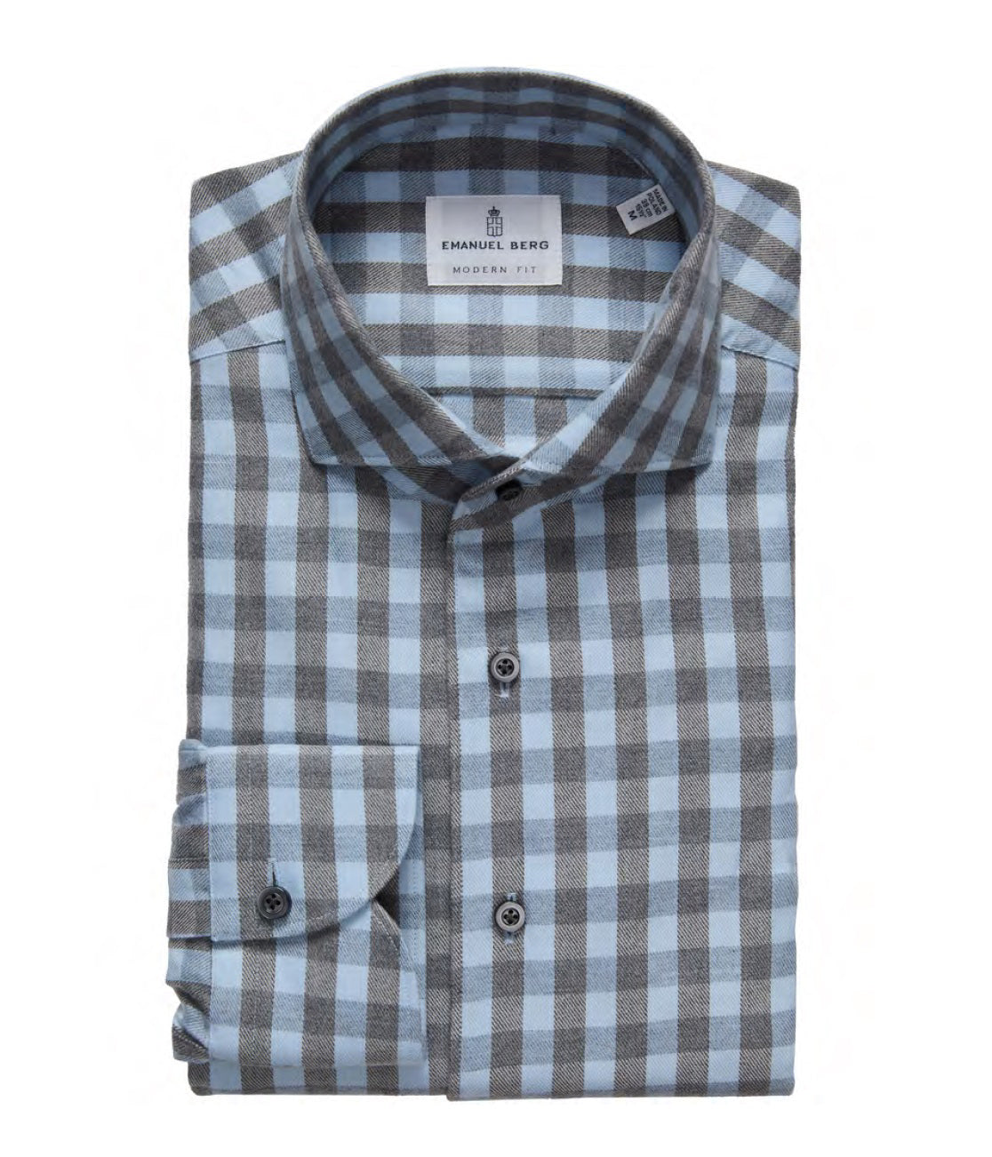 The EMANUEL BERG Sustainable Luxe Flannel Twill Shirt features a blue-grey checker pattern, front pocket, and "Emanuel Berg Modern Fit" label inside the collar.