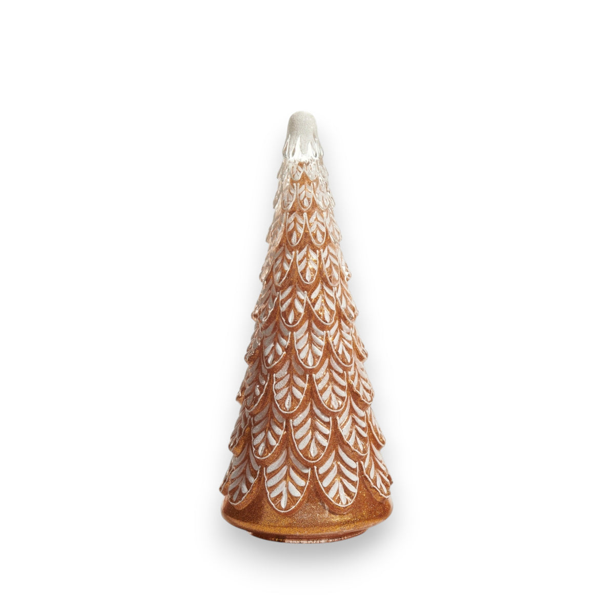 The RAZ IMPORTS ORNATE GLASS GINGERBREAD TREE - SMALL features white frosted accents resembling snow and is displayed against a white background next to a simple glass vase.