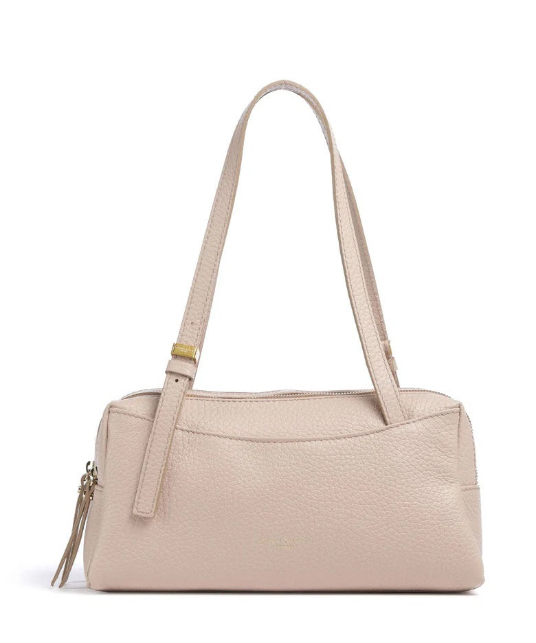 The GIANNI CHIARINI DEA mini bag in Pink Salt features a rectangular silhouette in maxi-grain leather, two shoulder straps, gold-tone hardware, a zippered top closure, textured finish, and minimalist design.