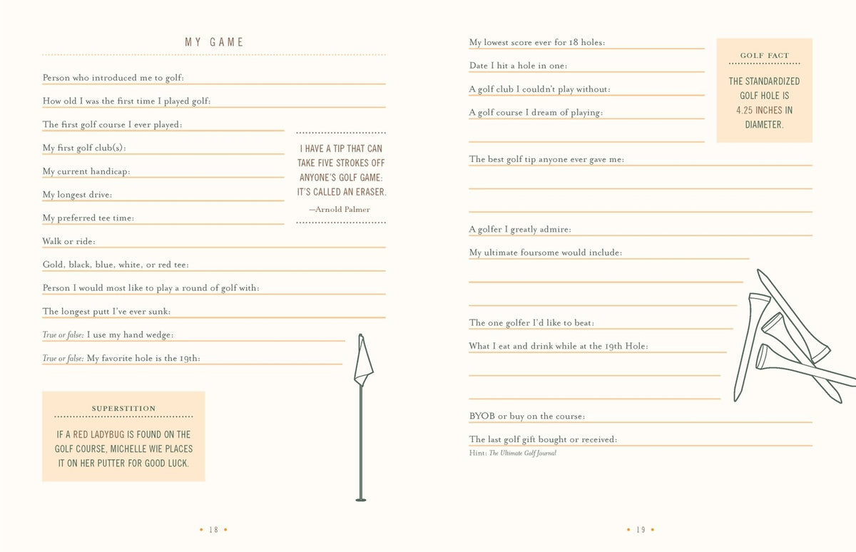 THE ULTIMATE GOLF JOURNAL BY LISA BACH from CHRONICLE BOOKS lets golfers log dates, locations, and results with tips, practice instructions, distance tracking for each club, and notes— all on a stylish beige background.