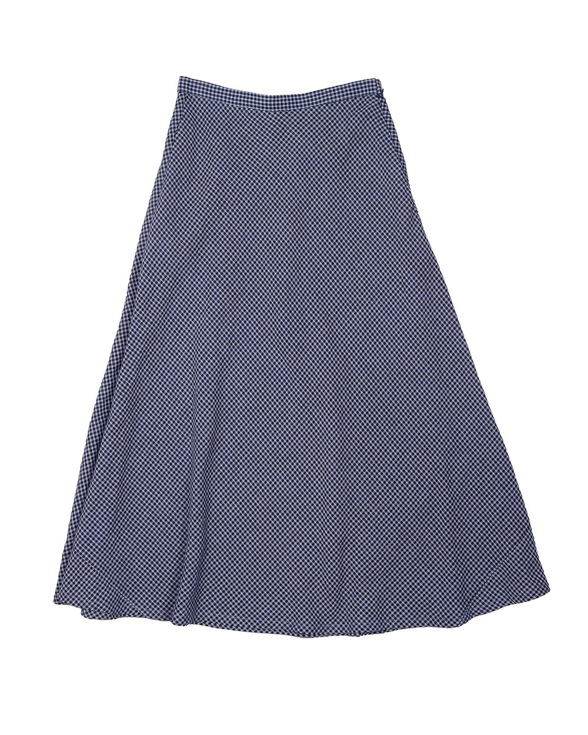 The Marnie Skirt by THE LITTLE PROJECT, in marine gingham, is a long flared A-line made from high-quality linen. Crafted in Los Angeles, it features a small black and white polka dot pattern laid flat on a white background.