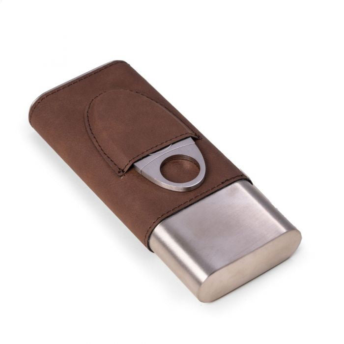 The BEYBERK INTERNATIONAL LEATHER CIGAR CASE holds three cigars, features a sleek cigar cutter in its front pocket, and comes with a separate metal lid for an elegant touch.