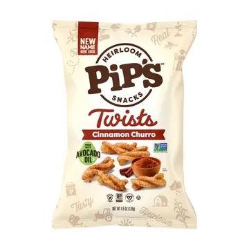 A bag of PIPCORN - CINNAMON SUGAR TWISTS featuring an image of cinnamon sugar snacks, twisted treats, and a small bowl of cinnamon sugar.