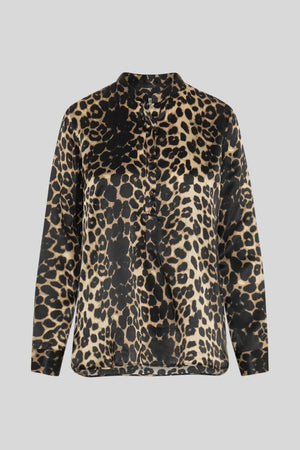 The 0039 ITALY - ALISAR BLOUSE showcases an elegant stand-up collar and long sleeves, highlighted by a striking black and tan leopard print, beautifully set against a plain gray background.