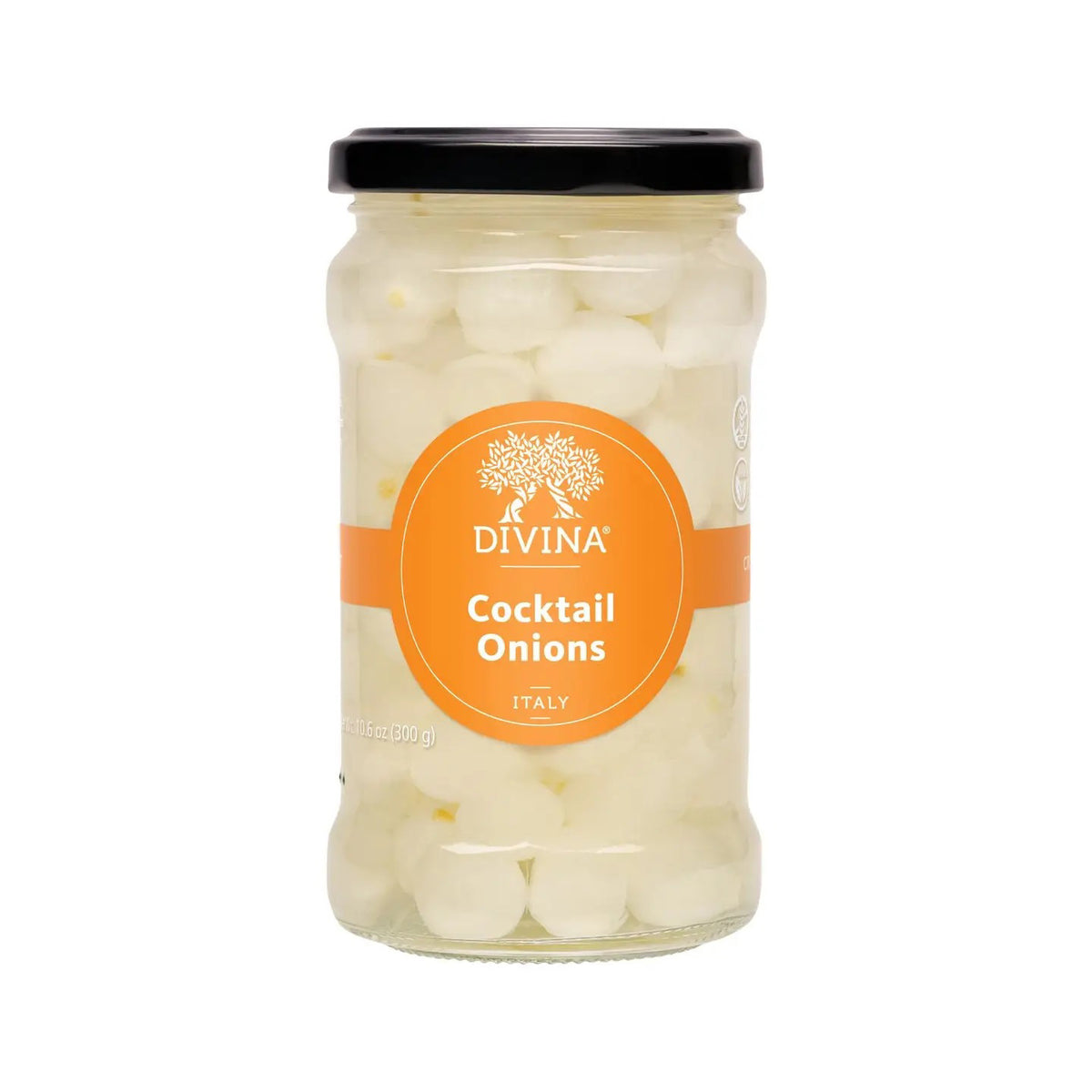 The DIVINA - COCKTAIL ONIONS jar, ideal for garnishing, comes with a black lid and an orange label displaying "Cocktail Onions" and "Italy" in white text. These preservative-free onions are visible through the clear glass.