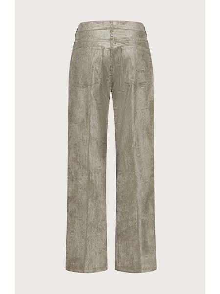 SEVENTY VENEZIA - CORDUROY TROUSER by SEVENTY: high-waisted, wide-leg light olive green corduroy trousers with front button and zip closure, side pockets, made in Italy, shown on a plain light background.