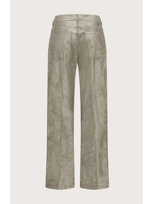 SEVENTY VENEZIA - CORDUROY TROUSER by SEVENTY: high-waisted, wide-leg light olive green corduroy trousers with front button and zip closure, side pockets, made in Italy, shown on a plain light background.