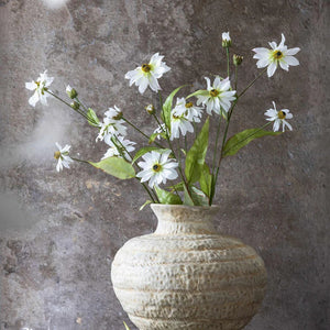ABIGAIL AHERN - WILD COSMOS features white daisy-like faux flowers with green leaves, artfully displayed against a rustic brown and beige textured background for a natural, meadow-inspired accent.