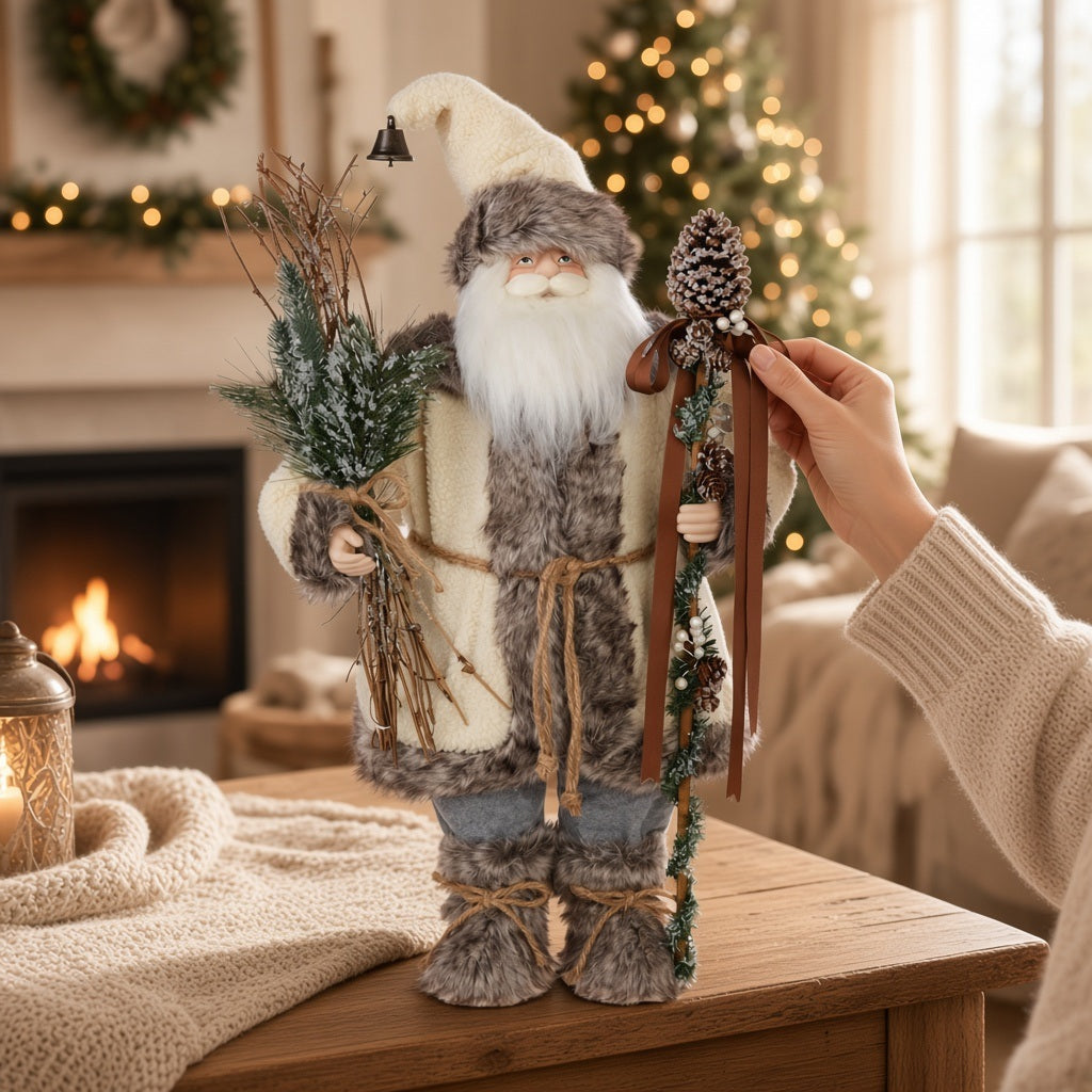 A 27-inch Alpine Santa by Raz Imports wearing a fur-trimmed coat and hat, holding a bundle of pine branches in one hand and a staff topped with a pinecone in the other.