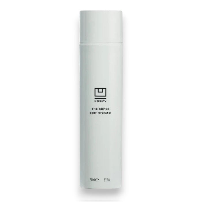 A tall, sleek white bottle labeled &quot;THE SUPER BODY HYDRATOR 200ML&quot; by U BEAUTY stands out against a plain background, featuring black logo and text. This moisturizer promises skin renewal and a radiant glow.