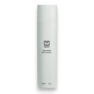 A tall, sleek white bottle labeled "THE SUPER BODY HYDRATOR 200ML" by U BEAUTY stands out against a plain background, featuring black logo and text. This moisturizer promises skin renewal and a radiant glow.