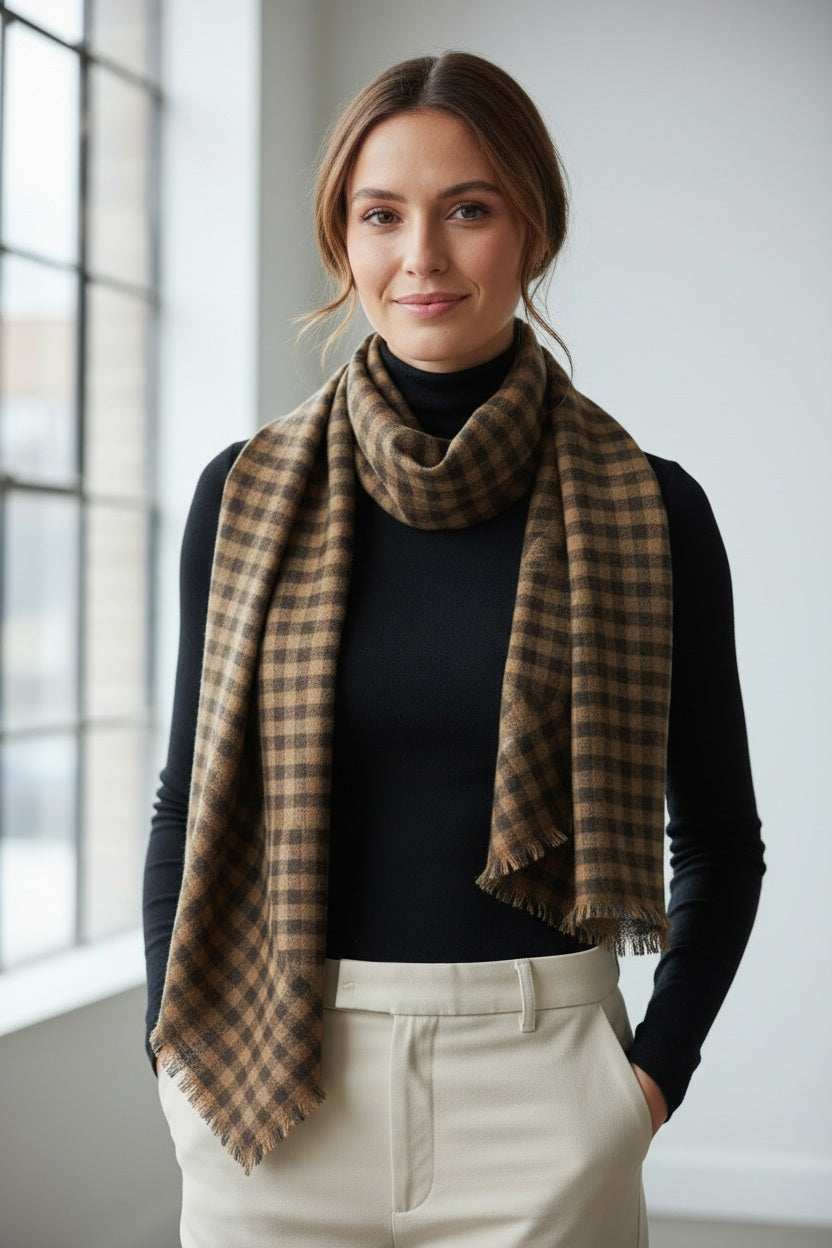 A woman stands indoors by a large window, softly smiling at the camera in a brightly lit room. She wears a black turtleneck, beige pants, and the HARTFORD - CHECKED WOOL SCARF from HARTFORD.