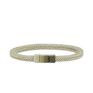 ATHISON size guide for the Square Braided Cotton Bracelet in Earth V2: S (15.5–17 cm), M (17–18.5 cm), L (18.5–20 cm), XL (20–22.5 cm). Features eco-friendly jewelry illustration.