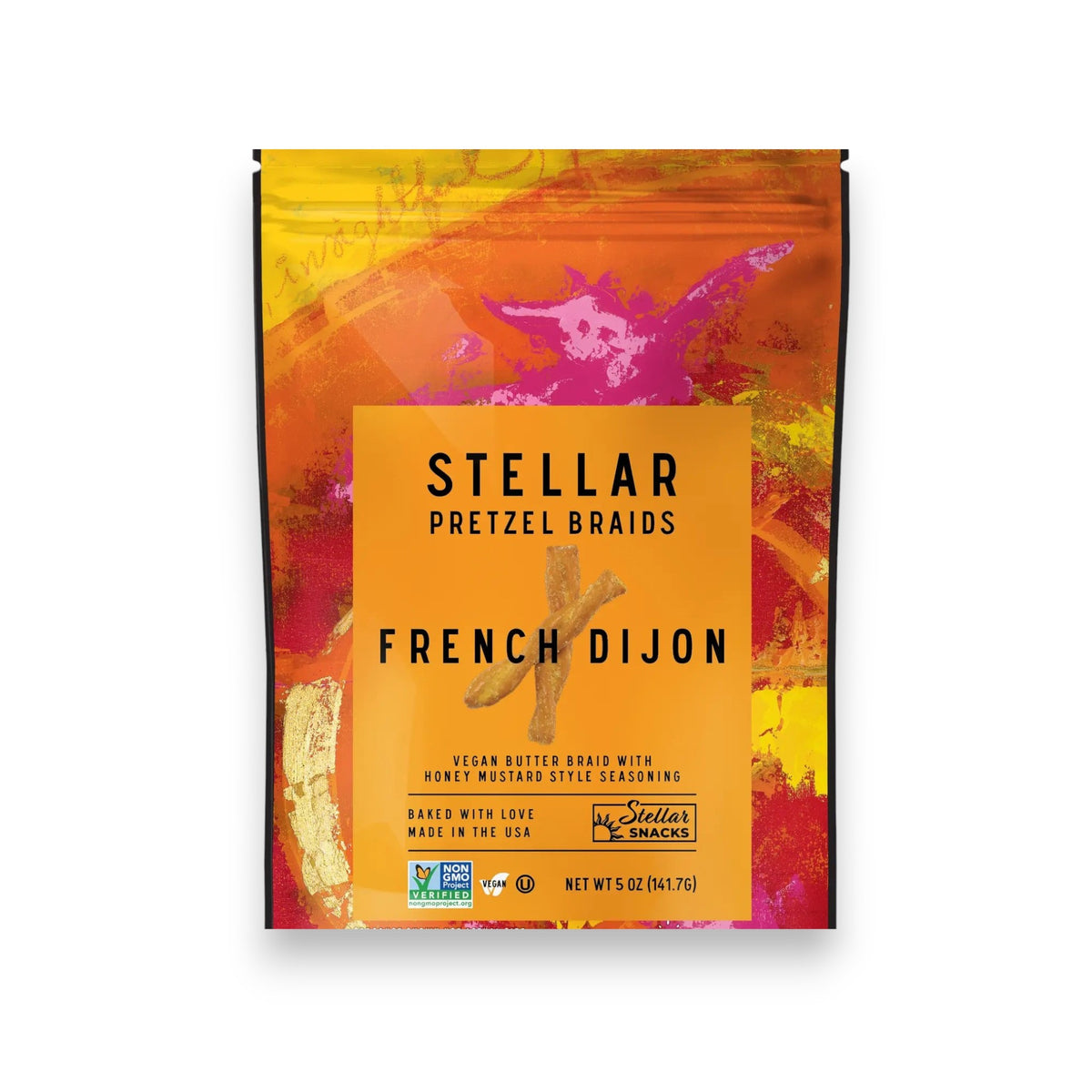 A vibrant 5 oz (141.7g) package of STELLAR SNACKS - PRETZEL BRAIDS FRENCH DIJON displays artistic orange and yellow splashes, featuring Non-GMO vegan butter braids with honey mustard seasoning.