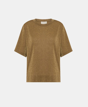 The MOMONI - IORA LUREX JERSEY T SHIRT by MOMONI is a red, short-sleeve, loose-fitting T-shirt with a subtle shimmer. Crafted from soft lurex jersey, this shirt features a round neckline and is made of a soft, lightweight material. Made in Italy. The background is plain white.