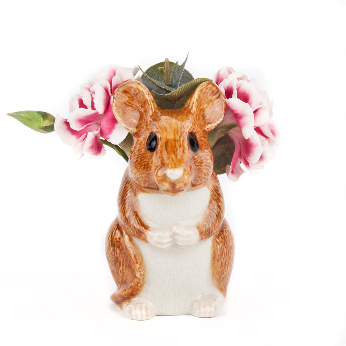 The QUAIL CERAMICS - WOOD MOUSE BUD VASE by QUAIL DESIGNS is a hand-painted stoneware figurine shaped like a brown mouse with white accents, sitting upright and looking to the right, shown on a plain white background.