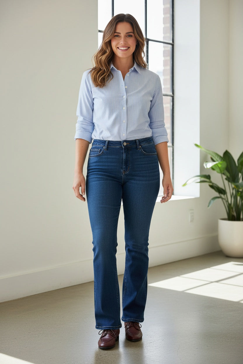 A woman poses against a plain light gray background wearing a blue striped button-up shirt with rolled sleeves, brown shoes, and the SPANX Shape Every Wear Pull On Flare Jean in Poseidon by SPANX, crafted from shaping denim.