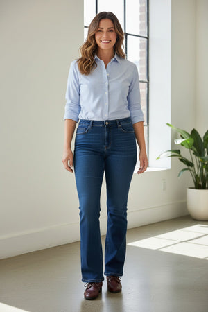 A woman poses against a plain light gray background wearing a blue striped button-up shirt with rolled sleeves, brown shoes, and the SPANX Shape Every Wear Pull On Flare Jean in Poseidon by SPANX, crafted from shaping denim.