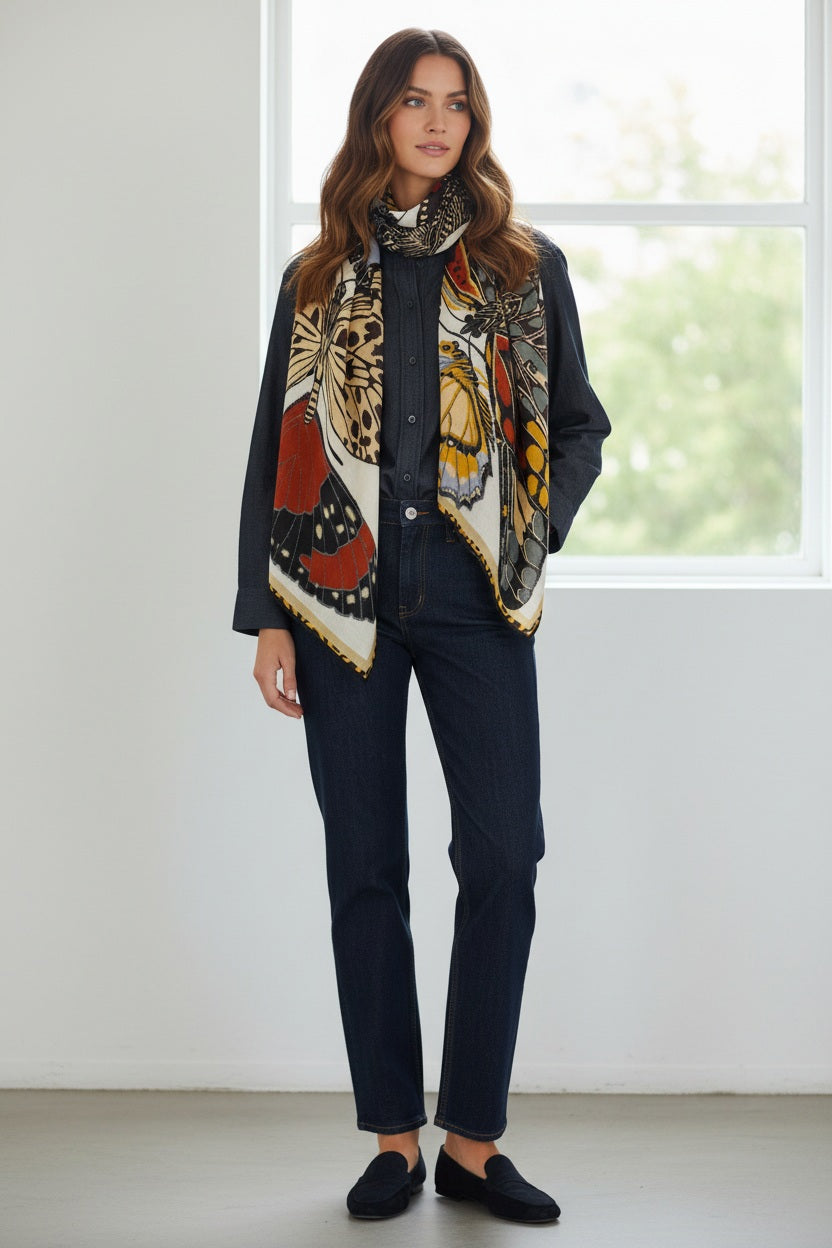 A woman stands facing forward on a plain white background, wearing a black top and pants with the INOUI EDITIONS - PAPILLONS (BUTTERFLIES) WOOL SCARF IN WHITE by INOUI draped around her neck. This beautiful hand-printed scarf, featuring colorful butterfly wing patterns, is crafted in India.