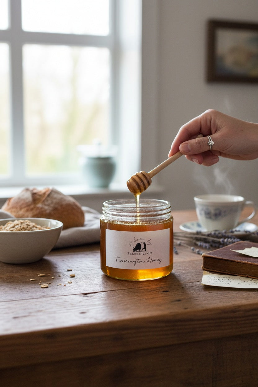 The Fearrington Signature Collection's hexagonal glass jar elegantly holds their Wildflower Honey, known for its raw quality. The label states: "Raw, Unfiltered. Handmade with care in our kitchens. May contain allergens. 282 grams, 10 oz." Inside is the finest golden honey from Fearrington House.