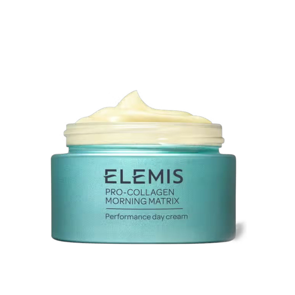 A turquoise jar of ELEMIS - PRO-COLLAGEN MORNING MATRIX cream displays its off-white texture. This &quot;Performance day cream&quot; by ELEMIS - STEINER combats expression lines and boosts collagen amidst a crisp white background.
