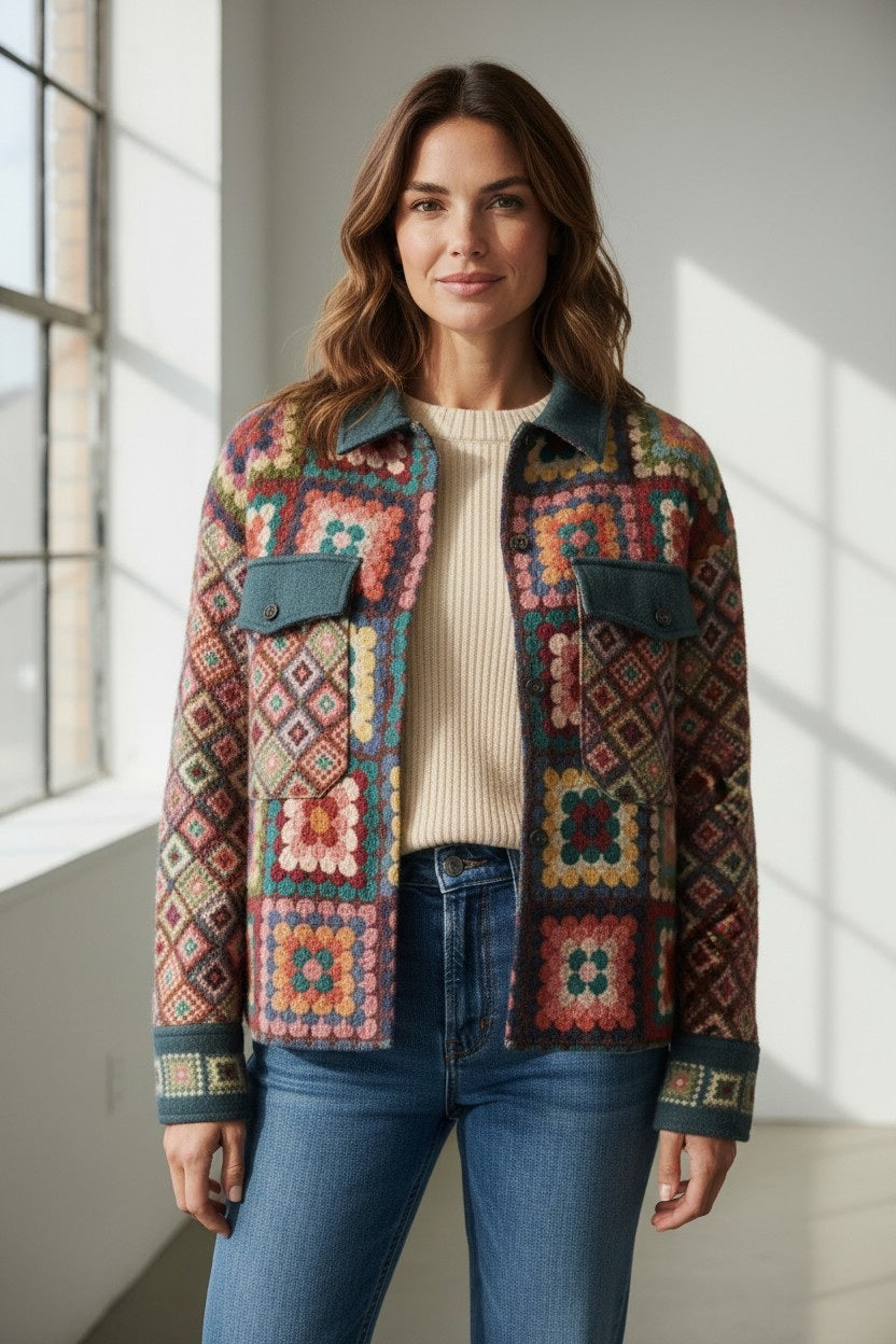 A woman stands indoors wearing the FRANCO FERRARI - WOOL JACKET, a colorful patchwork design with crochet-inspired square florals, layered over a beige sweater and blue jeans. She has wavy brown hair and smiles softly as natural light streams through large windows.