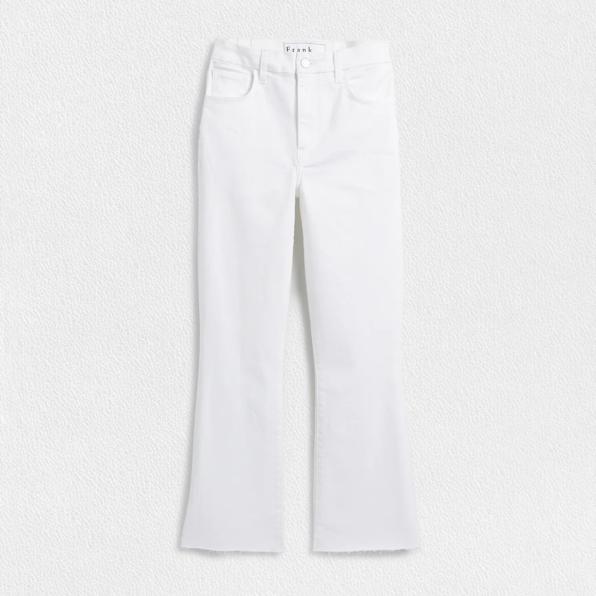 A pair of FRANK &amp; EILEEN - Killian Crop Flare Jeans is displayed flat against a textured white background. Made from soft denim with power stretch, they feature a classic five-pocket design, belt loops, and a button and zip closure. The high-rise legs are slightly flared, offering a clean, modern appearance.