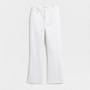 A pair of FRANK & EILEEN - Killian Crop Flare Jeans is displayed flat against a textured white background. Made from soft denim with power stretch, they feature a classic five-pocket design, belt loops, and a button and zip closure. The high-rise legs are slightly flared, offering a clean, modern appearance.