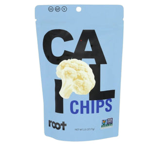 Here’s a rewritten version using your product data: Nutrition label for ROOT FOODS - CAULIFLOWER CHIPS, showing images of cauliflower and the phrases “Eat Plants!” and “approx. 2 lbs of fresh cauliflower = 1 bag of CA chips.” Made with simple ingredients—cauliflower, avocado oil, sea salt, and tapioca starch—these healthy ROOT FOODS veggie chips are a delicious snack for anyone craving flavorful plant-based chips.
